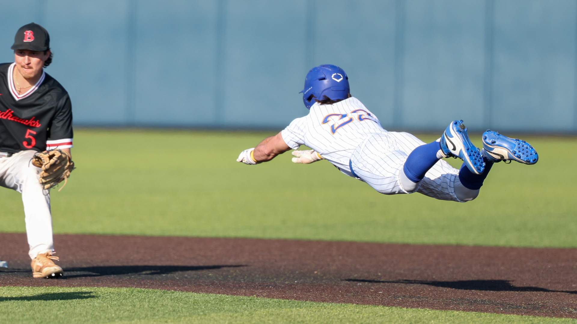 Patrick Morgan Supermans into second on a steal attempt. File Photo.